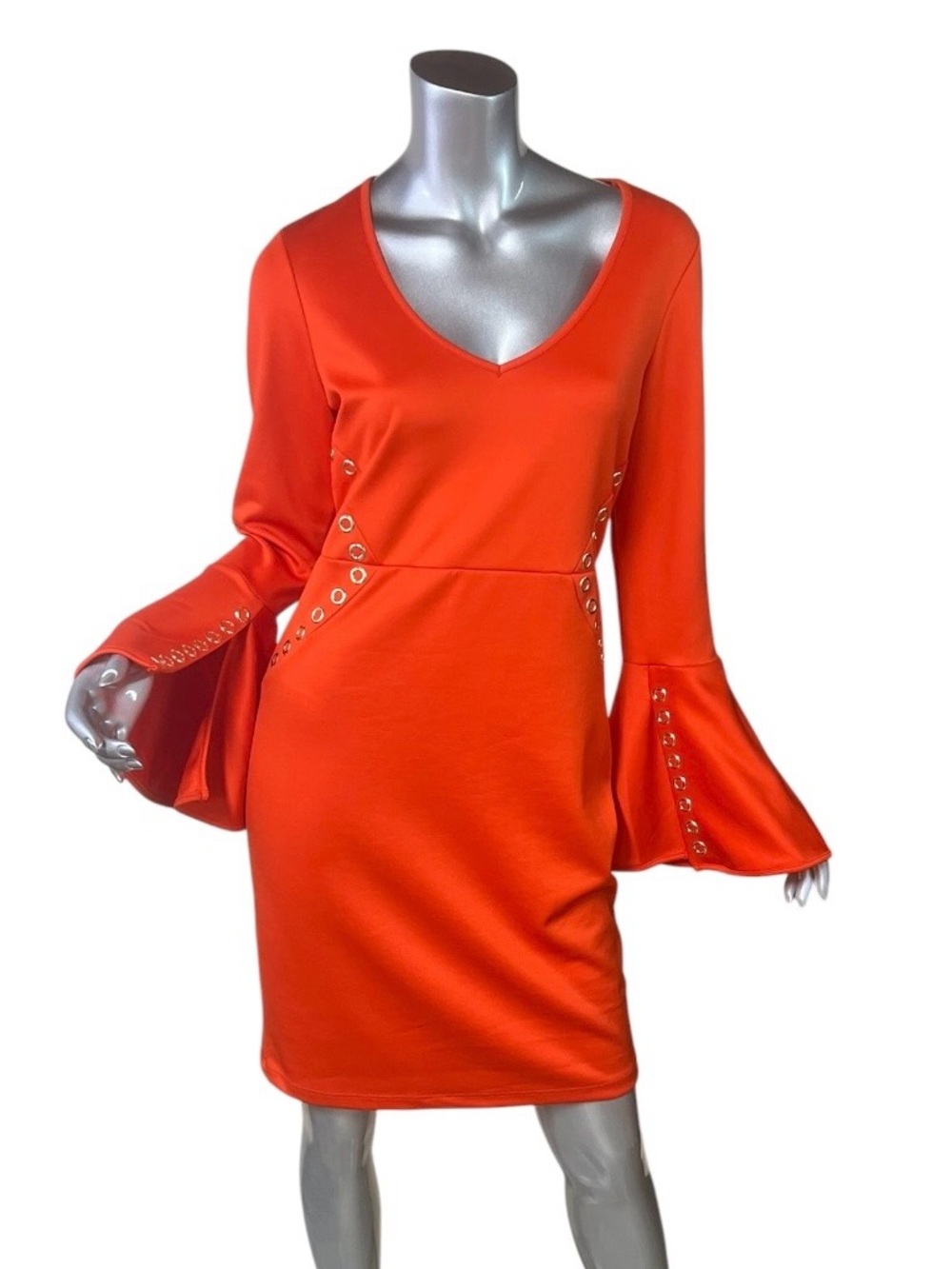 Venus Orange Bell Sleeve Bodycon Dress Metal Rivets Women’s Medium Retro